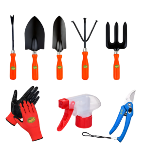 Garden Hand Toolkit Set of 8PCS(Trowel, Tranplanter,Fork, Seeder, Cultivator,Pruner, Gloves & Sprayer