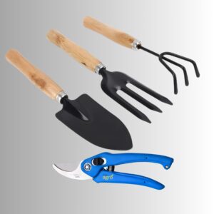 Gardening Tool Set with Pruner | Wooden Handle Garden Tools Combo | Trowel, Fork, Cultivator & Sharp Cutter | Heavy Duty Gardening Kit for Home Garden, Balcony, Terrace